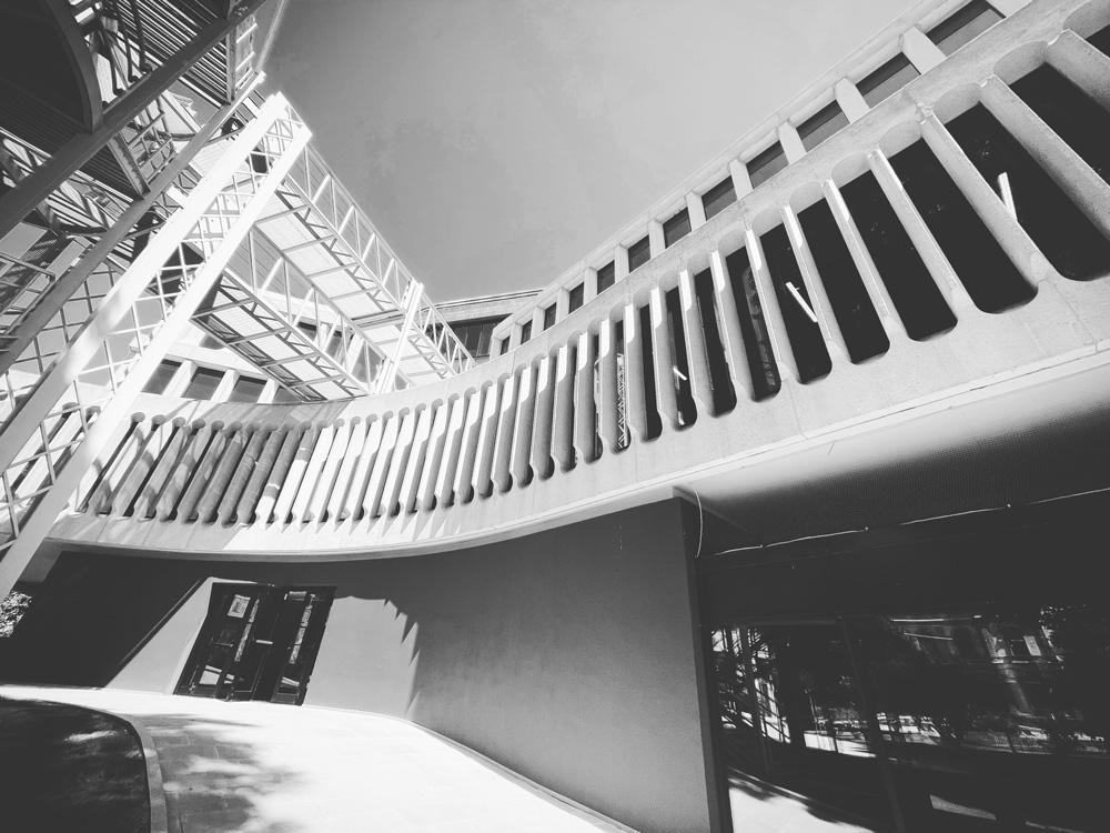 Black and white image of the architecture of the Palazzo degli Affari, Florence, Italy