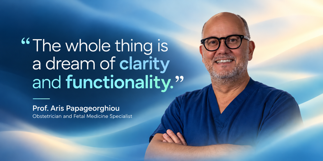 Prof. Aris Papageorghiou alongside his quote describing the virtual event delegate experience as “a dream of clarity and functionality”.